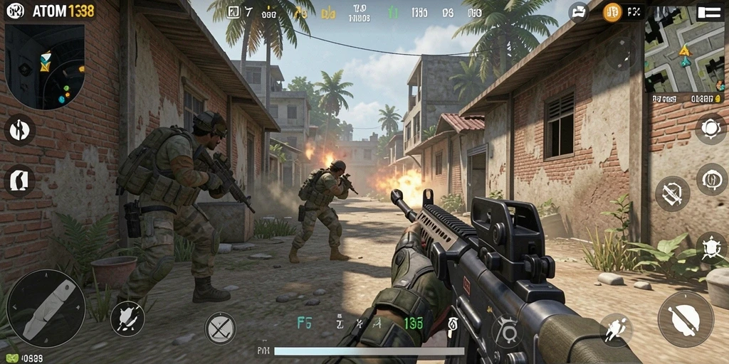 Screenshot gameplay ATOM138 yang menunjukkan aksi tembak-menembak yang mendebarkan.