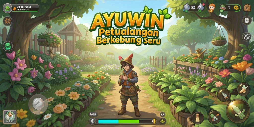 Tangkapan layar gameplay AYUWIN menampilkan kebun yang rimbun dan hewan ternak yang aktif.