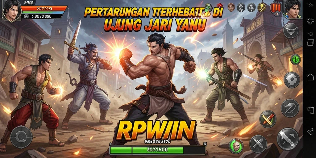 Screenshot utama gameplay RPWIN menampilkan karakter bertarung dalam arena yang dramatis.