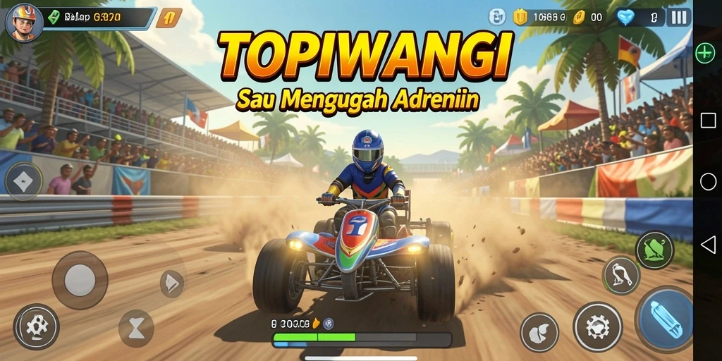 Tampilan gameplay TOPIWANGI yang mendebarkan di lintasan balap.